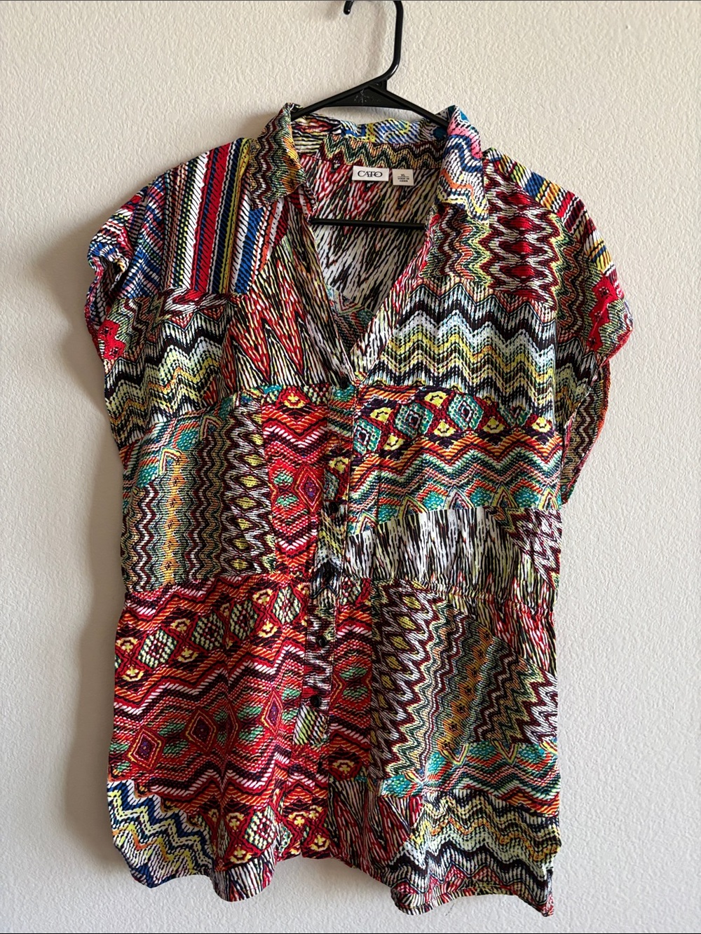 Cato Multicolor Printed Short Sleeve V-Neck Button Up Blouse Collared Size XL